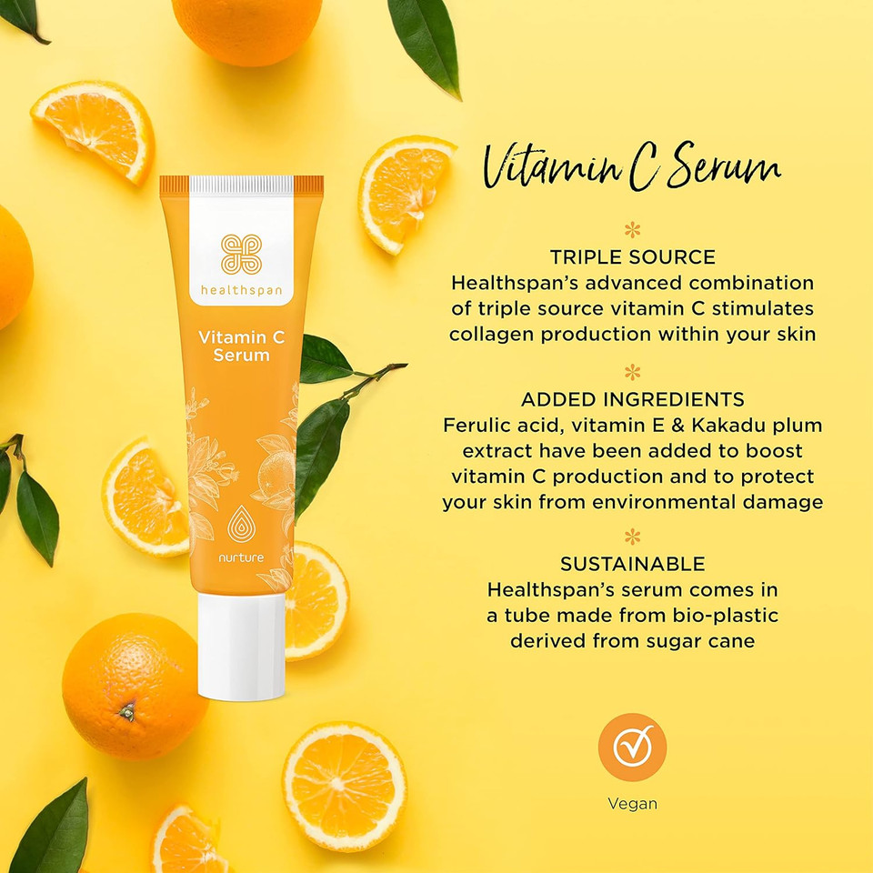 Healthspan Vitamin C Serum (30ml) | Boost Radiance & Smooth Lines & Wrinkles | Triple Source Vitamin C to support collagen formation | With ferulic acid, hyaluronic acid and vitamin E | Vegan