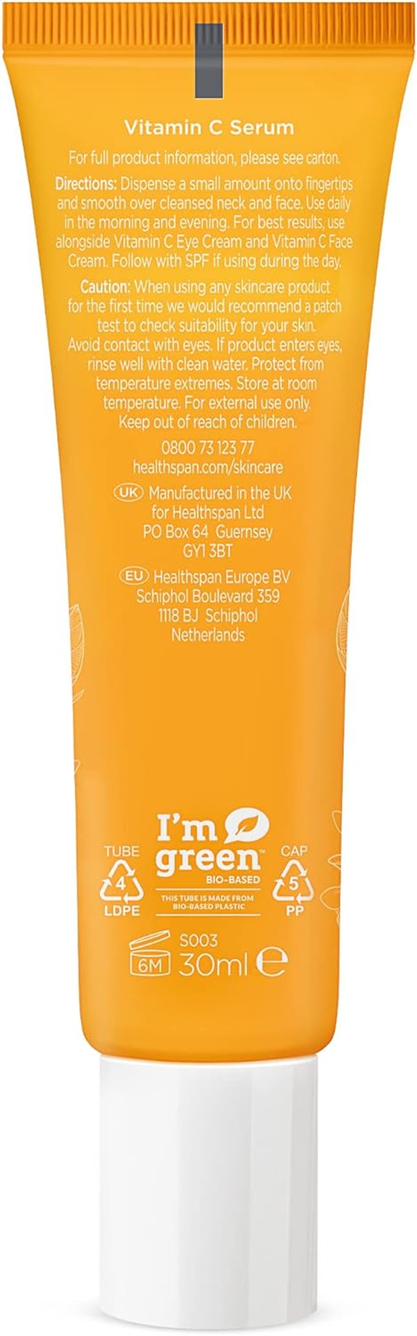 Healthspan Vitamin C Serum (30ml) | Boost Radiance & Smooth Lines & Wrinkles | Triple Source Vitamin C to support collagen formation | With ferulic acid, hyaluronic acid and vitamin E | Vegan