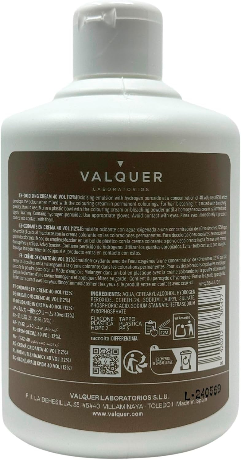 Professional Oxygen Valquer Cream Stabilised 40 volumes (12%) Permanent Hair Dye Professional Use Hairdresser Vegan Formula - 500 ml