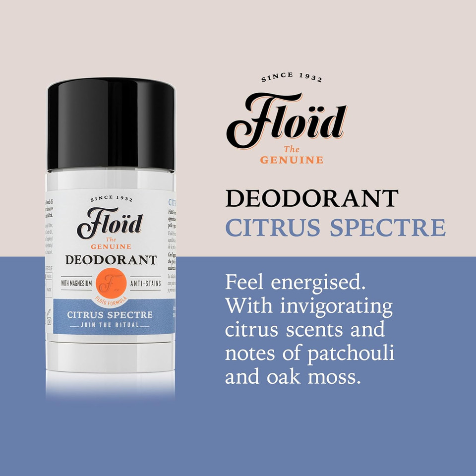 Floid Citrus Spectre Deodorant (75ml), Deodorant for Men with Magnesium Salts for High Absorbency and Lasting Freshness, Body Skin Care with Anti-Stain Formula