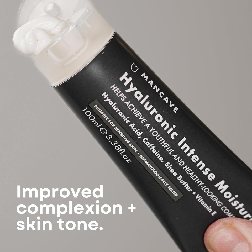 ManCave Hyaluronic Intense Moisturiser 100ml, Formulated to hydrate and soften skin with Hyaluronic Acid, Caffeine and Vitamin E, Natural Formulation, Dermatologically Tested, Vegan, Made in England