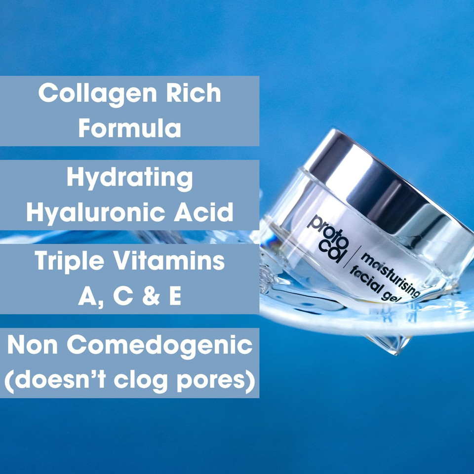 Proto-col - Collagen Gel, Moisturiser for Facial and Skin Hydration, Ultra Light Oil Free Formula for Results in 2 Hours, Made with Hyaluronic Acid, Vitamins A, C and E (50ml)