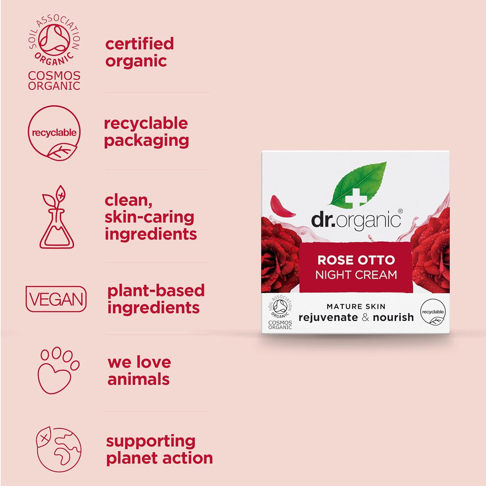 Dr Organic, Rose Otto Night Cream , Natural , Vegan, Cruelty Free , Paraben & SLS Free , Restoring, 50ml