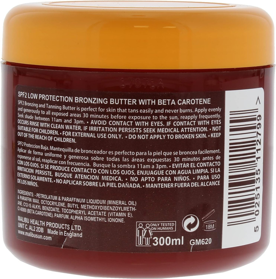 Malibu Sun Spf 2 Bronzing Fast Tanning Body Butter With Beta Carotene, Water Resistant, Tropical Coconut Fragrance, 300Ml