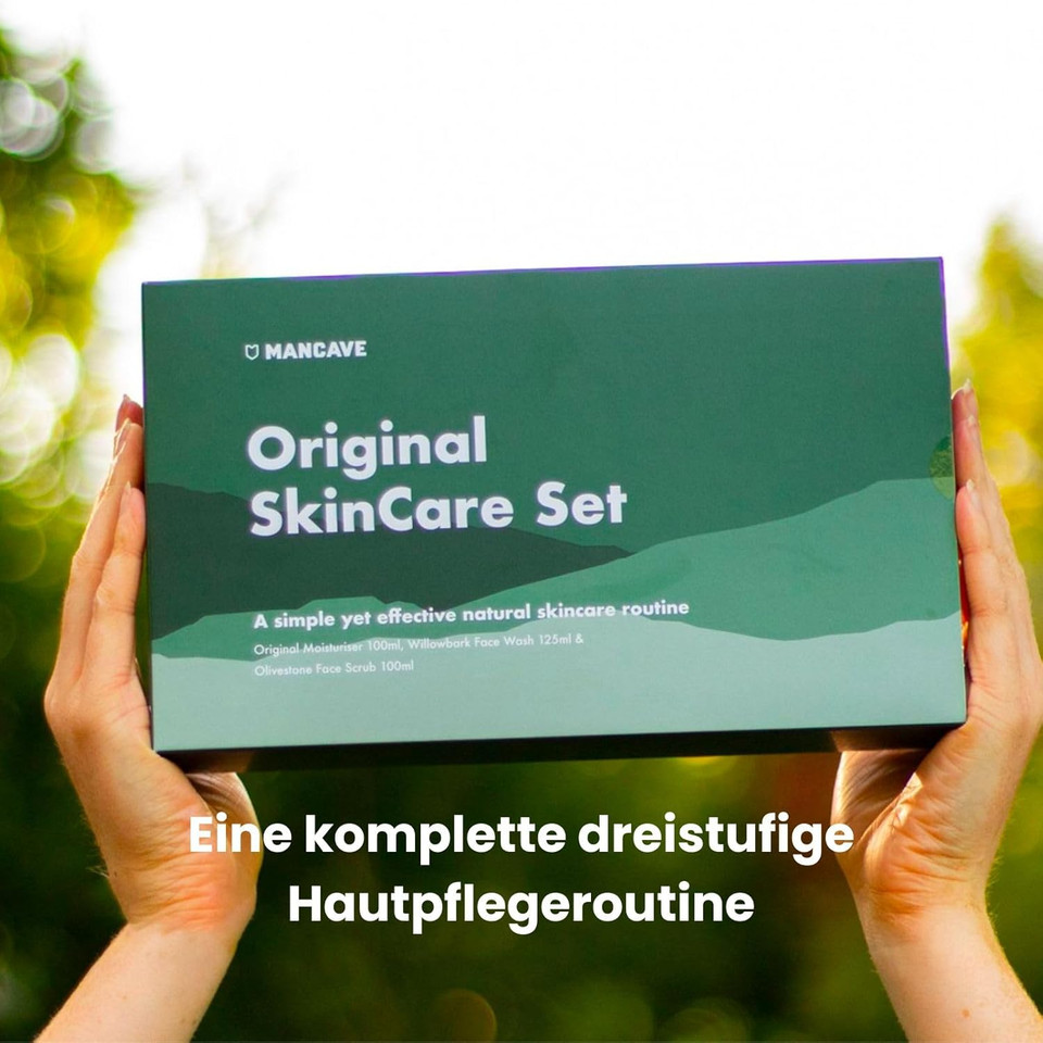 ManCave Originals Skincare Gift Set with 3 Key Skin Care Essentials with Face Wash, Face Scrub and Moisturiser for Men, Vegan, Natural formulations, Tubes made from Recycled Plastics, Made in England ManCave Originals Skincare Gift Set with 3 Key Skin Care Essentials with Face Wash, Face Scrub and Moisturiser for Men, Vegan, Natural formulations, Tubes made from Recycled Plastics, Made in England
