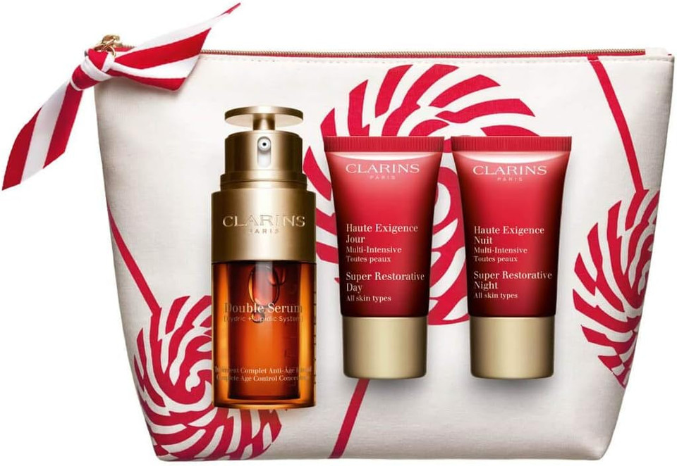 Clarins Double Serum 4 Piece Gift Set:30Ml - Super Restorative Day Cream 15Ml - Night Cream 15Ml - Pouch