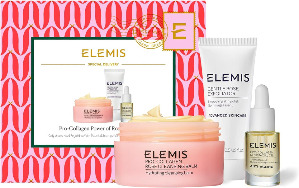 Elemis Limited Edition Rose Brightening Christmas Collection, Luxury Beauty Skincare Gift Set, Full Size English Rose Pro-Collagen Cleansing Balm, Travel Size Gentle Face Exfoliator & Rose Facial Oil