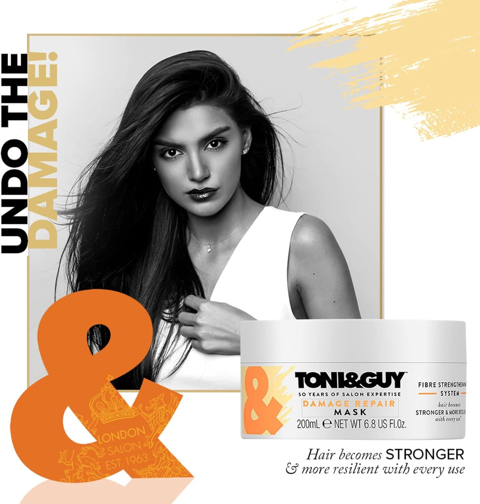 Toni & Guy | Damage Repair Hair Mask for Intense Reconstruction | Unisex | Ideal For Dry and Damaged Hair | Patented Fibre Strengthening System | 6.8 Ounce