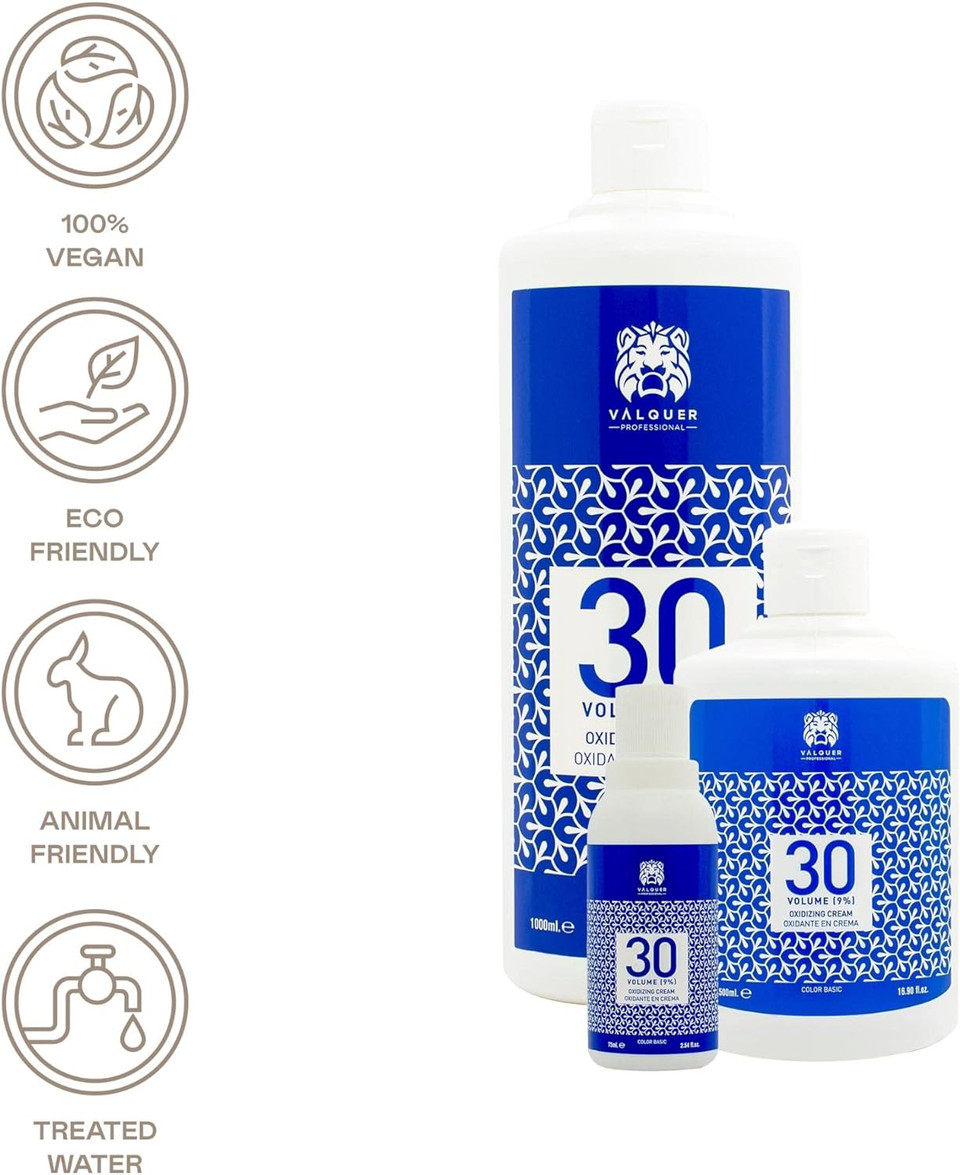 Valquer Professional Oxygenic Cream Stabilised 30 Volumes (9%) Permanent Hair Dye Professional Use Hairdresser Vegan Formula - 1000 Ml