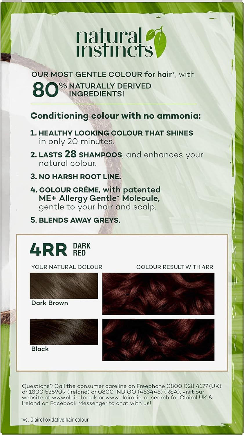 Clairol Natural Instincts Semi-Permanent No Ammonia Hair Dye, 4Rr Dark Red
Color: 4Rr Dark Red
