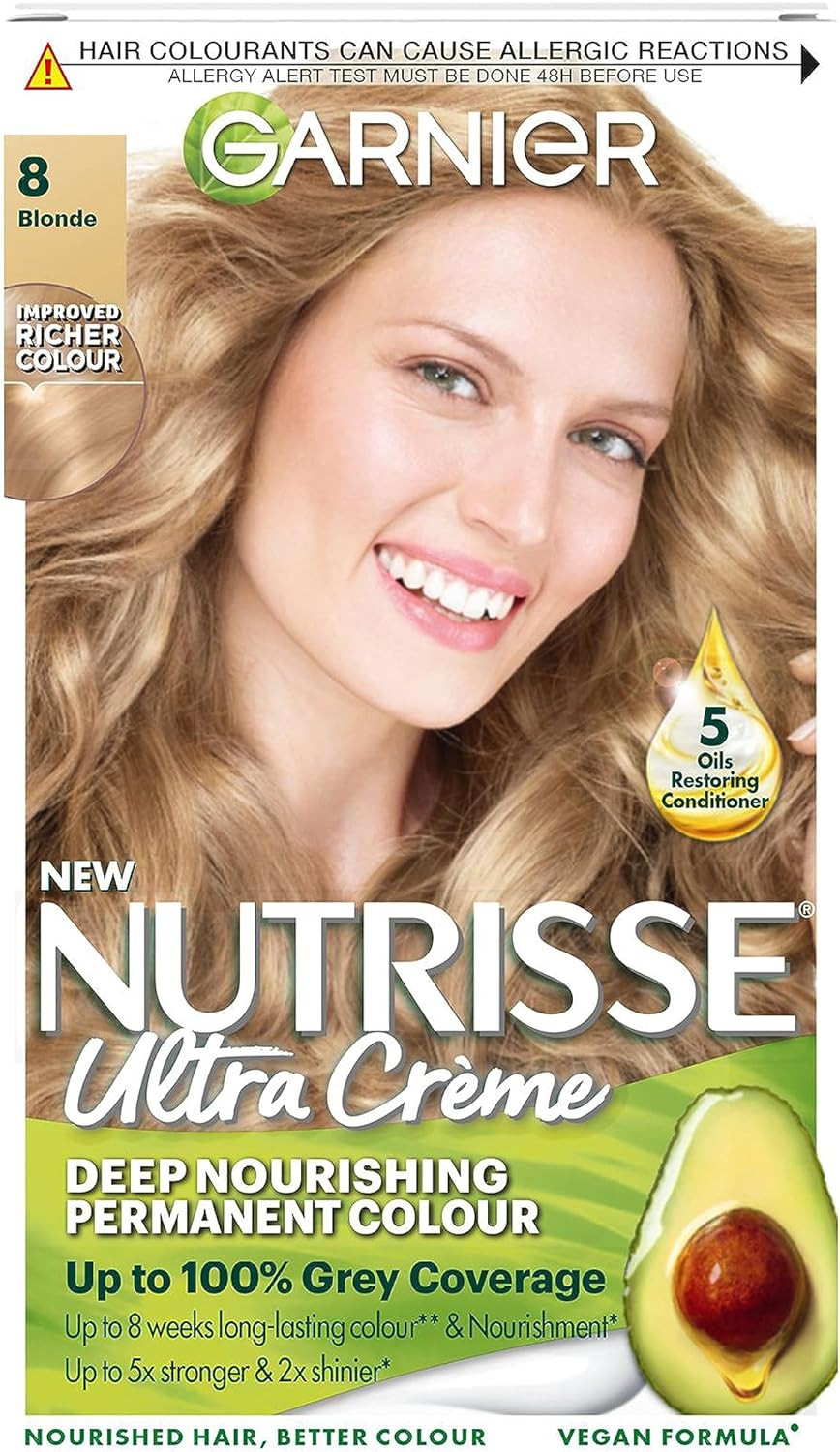 Garnier Nutrisse Permanent Hair Dye, Natural-Looking, Hair Colour Result, For All Hair Types, 8 Blonde
Color: 8 Blonde