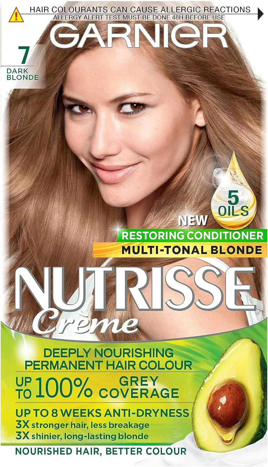 Garnier Nutrisse Permanent Hair Dye, Natural-Looking, Hair Colour Result, For All Hair Types, 7 Dark Blonde