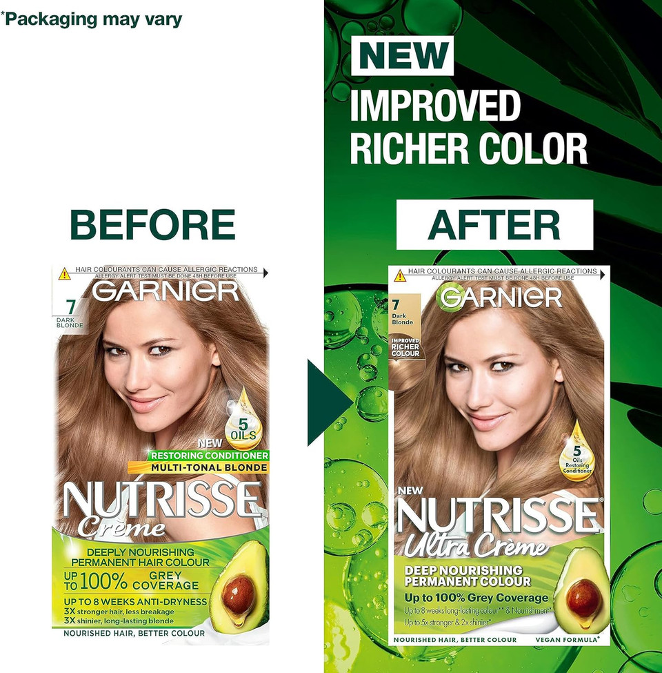 Garnier Nutrisse Permanent Hair Dye, Natural-Looking, Hair Colour Result, For All Hair Types, 7 Dark Blonde