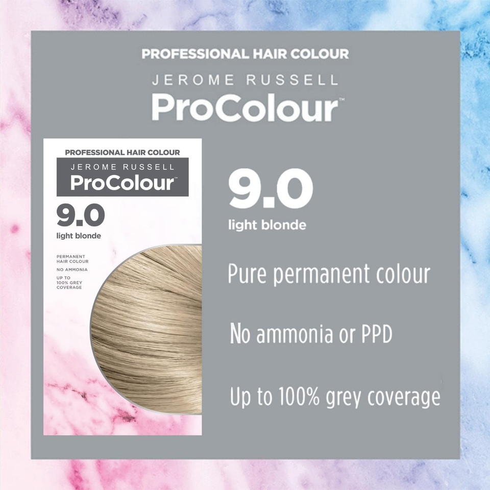 Jerome Russell Procolour Light Blonde 9.0 Permanent Hair Colour  Ammonia Free Hair Dye For Full Grey Coverage, Shine & Colour Retention With Brazil Nut Oil
Color: Light Blonde
