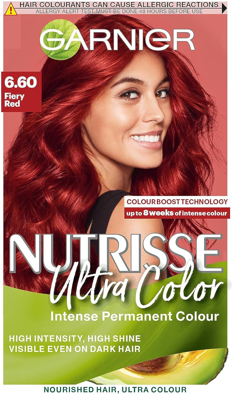 Garnier Nutrisse Ultra Color, Permanent Hair Dye, Intense Colour, For All Hair Types, 6.60 Fiery Red
Color: 6.60 Fiery Red