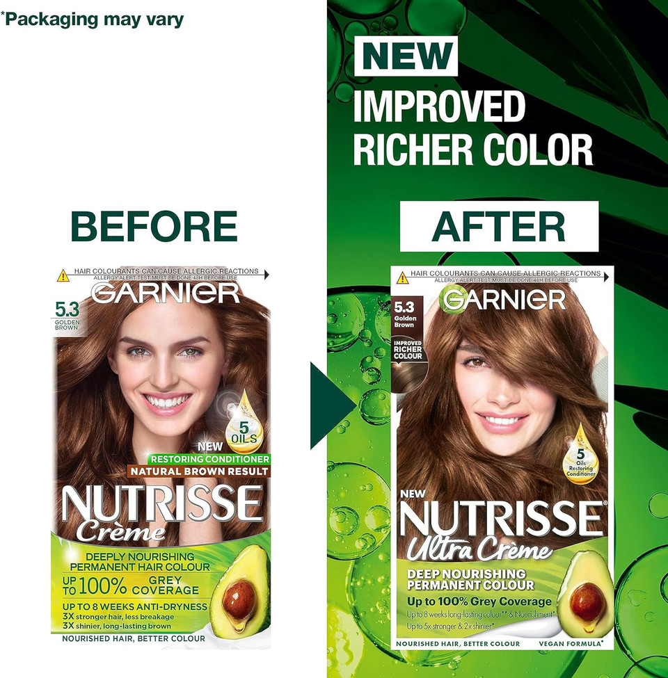 Garnier Nutrisse Permanent Hair Dye, Natural-Looking, Hair Colour Result, For All Hair Types, 5.3 Golden Brown
Color: 5.3 Golden Brown