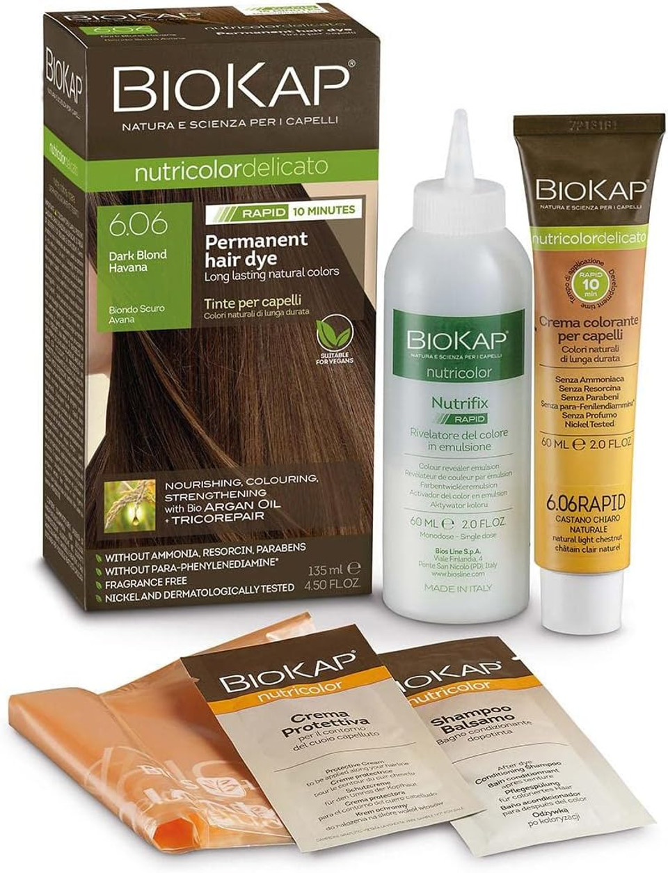 BioKap Dark Blond Havana 6.06 Rapid Hair Dye 135 ml - works in just 10 mins, permanent, vegan & natural nourishing formula suitable for sensitive skin