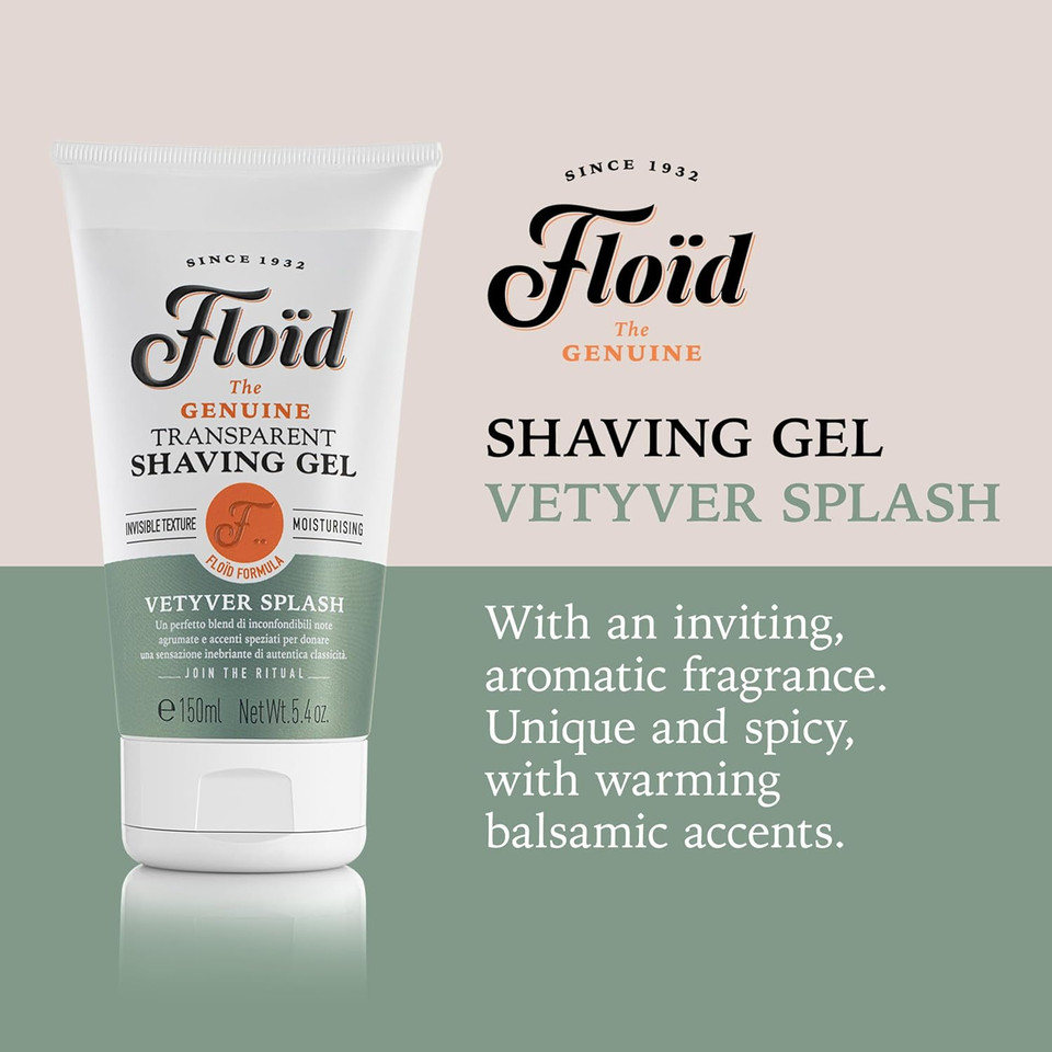 Floid Vetyver Splash Transparent Shaving Gel (150ml), Men's Shaving Gel with Glycerin to Protect and Hydrate Skin, Shave Gel for a Smooth Shave with an Invigorating Scent