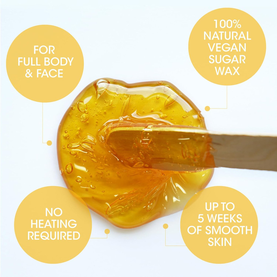 Nad's 100% Natural Sugar Wax Kit, Vegan, Hypoallergenic, No-heat Formula Waxing Sugar Paste, Includes 6 Wooden Spatulas, 10 Reusable 100% Cotton Strips, 1 Pre-wax Cleansing Soap & Sugar Wax 170g