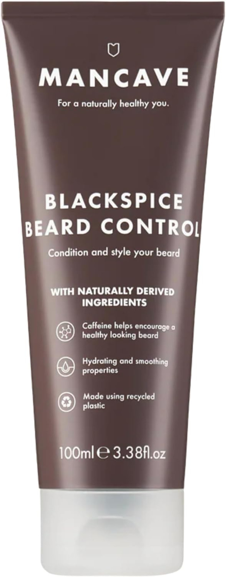 ManCave Blackspice Beard Control 100ml, Condition and style your beard with L-Arginine, Hemp oil and Shea Butter, Encourages beard growth, Vegan Friendly, Made from Recycled Plastics, Made in England