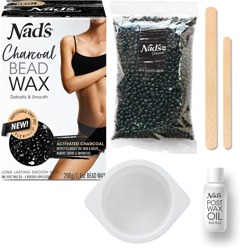 Nad's Hard Wax Beads Activated Charcoal Waxing Kit, Hot Wax Beads Hair Removal for Women, No Strips Needed, 200g