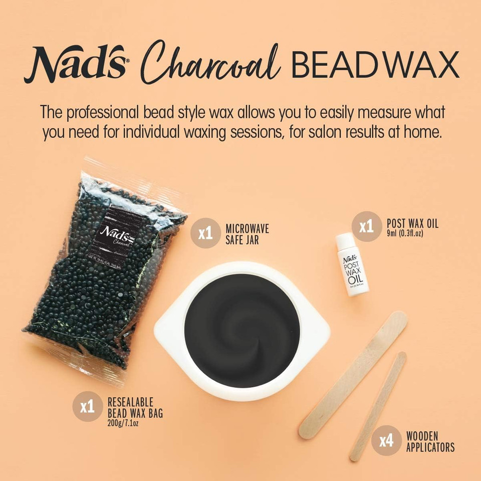 Nad's Hard Wax Beads Activated Charcoal Waxing Kit, Hot Wax Beads Hair Removal for Women, No Strips Needed, 200g