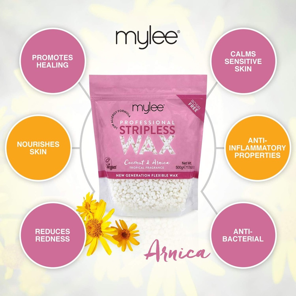 Mylee Professional Hard Wax Beads 500G, Stripless Depilatory Waxing Pellets Solid Film Beans No Strip Needed, Painless Gentle Hair Removal Of Full Body, Face & Bikini Line (Coconut & Arnica)