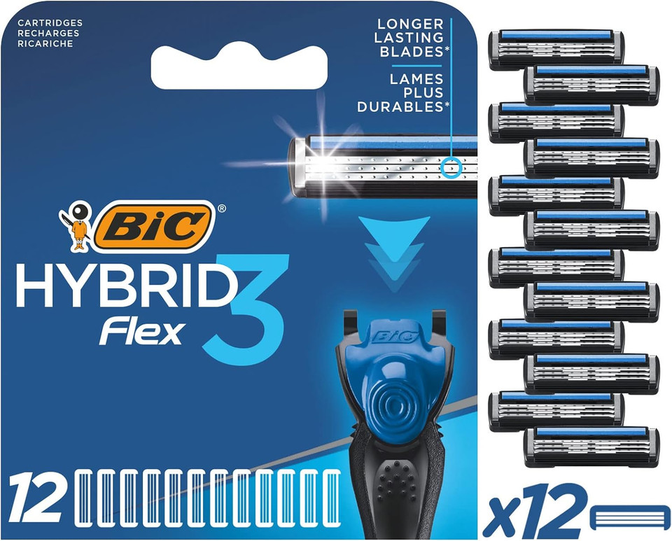 Bic Hybrid 3 Flex Men'S Razor Refills With 3 Nano-Tech Titanium Moveable Blades - Box Of 4 Cartridges, Blue