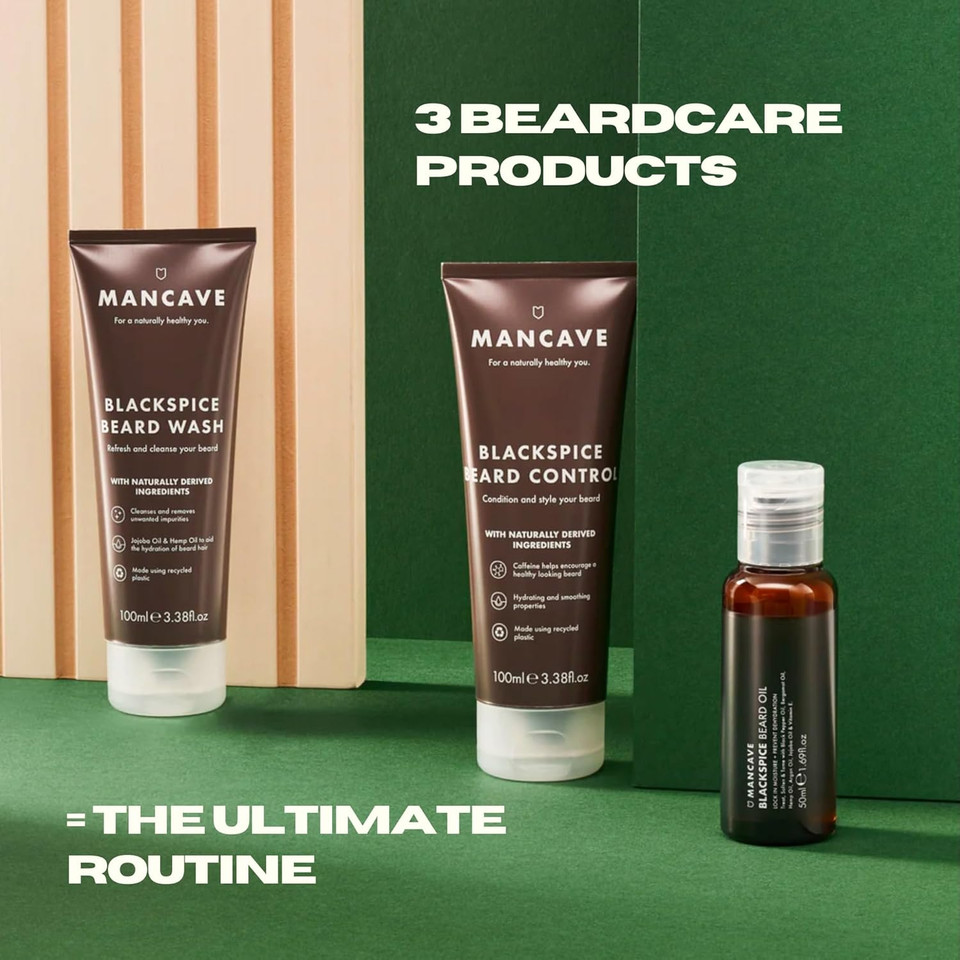 ManCave Blackspice Beard Gift Set with 3 Beard Grooming Essentials, For a thicker, more healthier beard, Vegan Friendly, Tubes made using Recycled Plastics, Made in England