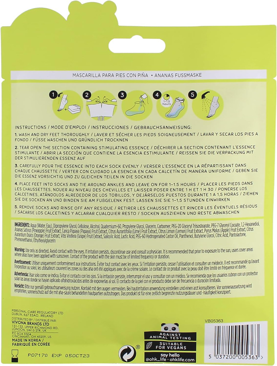 Oh K! Exfoliating Foot Socks, For Dry Hard Skin, Pineapple Scent, Vegan And Cruelty Free, 65G