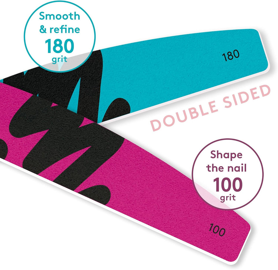 Mylee 3 Pack Double Sided Half Moon Nail File 100/180 Grit - Salon Quality Nails, Professional Manicure Tool - Use on Natural Nails or Extensions