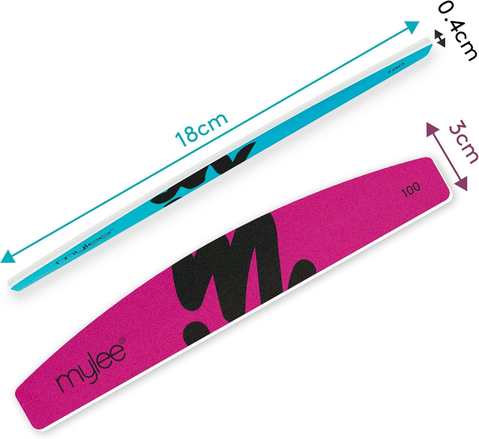 Mylee 3 Pack Double Sided Half Moon Nail File 100/180 Grit - Salon Quality Nails, Professional Manicure Tool - Use on Natural Nails or Extensions