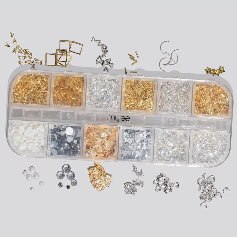 Mylee Crown Jewels Nail Art Kit, 12-Piece Set With Silver & Gold Decorations, Metal Rhinestones Studs, For Gel, Acrylic, & Natural Nails, Curving Tool, For Professional And Beginner Manicures