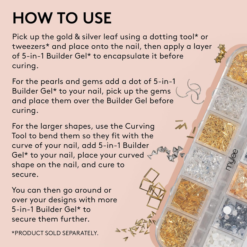 Mylee Crown Jewels Nail Art Kit, 12-Piece Set With Silver & Gold Decorations, Metal Rhinestones Studs, For Gel, Acrylic, & Natural Nails, Curving Tool, For Professional And Beginner Manicures
