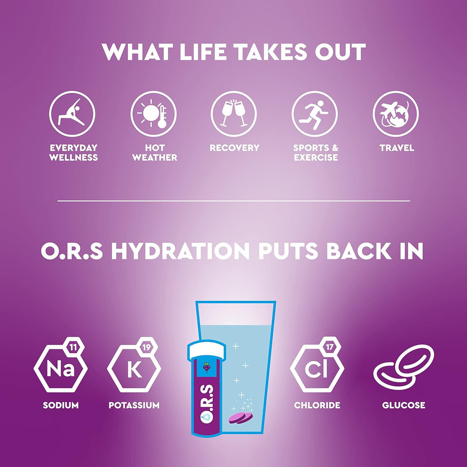 O.R.S Hydration Tablets With Electrolytes, Vegan, Gluten And Lactose Free Formula  Soluble Hydration Tablets With Natural Blackcurrant Flavour, 24 Tablets