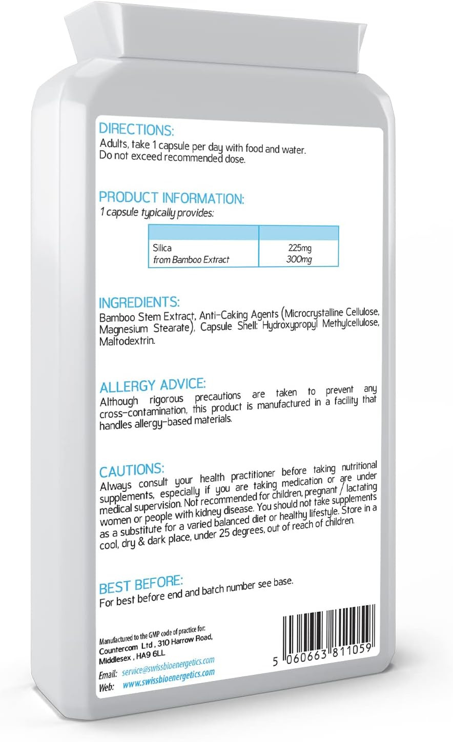 Silica 225Mg - A Potent Highly Bioavailable Form - Naturally Sourced From Bamboo Extract - 90 One-A-Day Vegan Capsules  Exclusively Manufactured In The Uk
