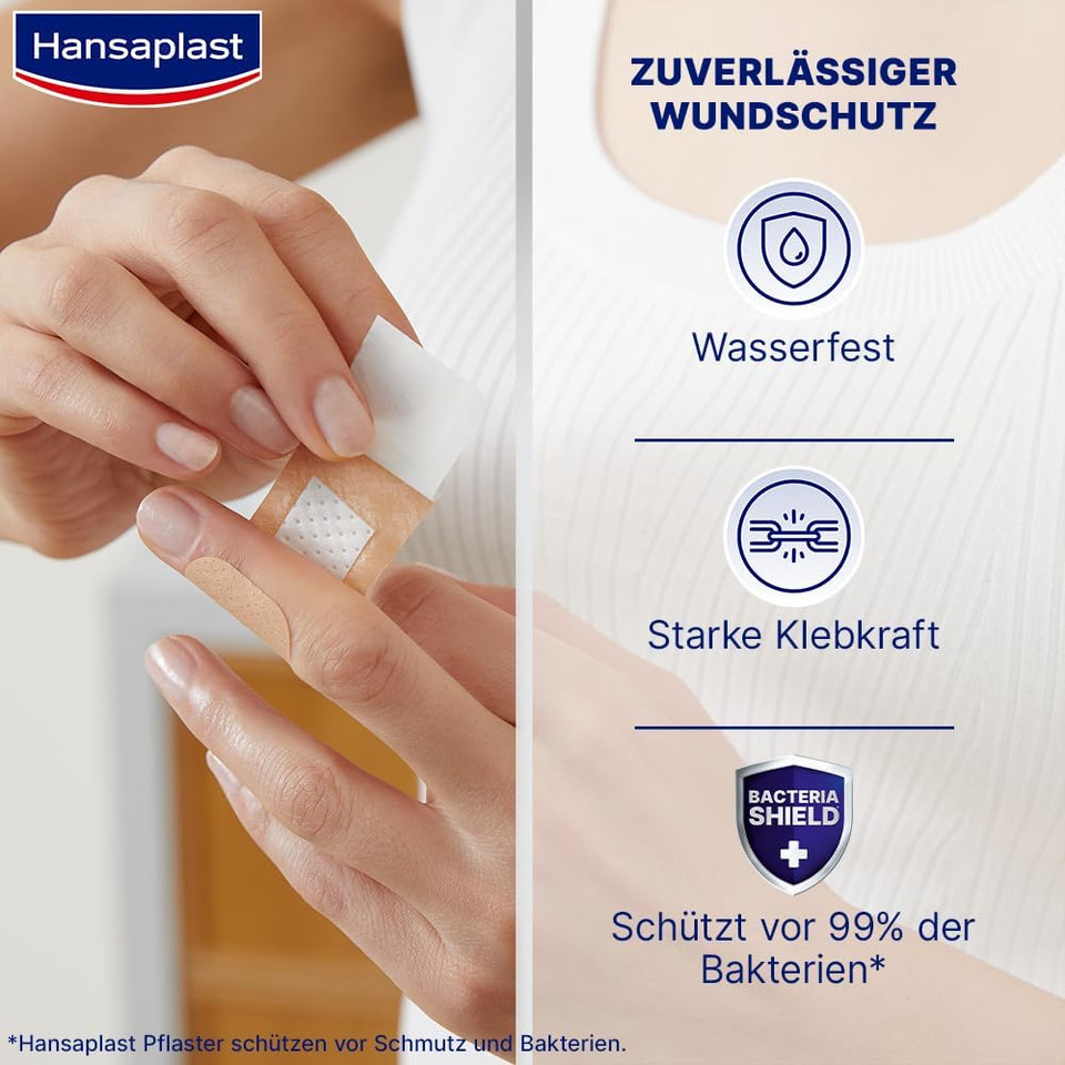 Hansaplast Universal Plasters (40 Strips), Dirt-Repellent and Water-Repellent Wound Plaster Set with Strong Adhesive Power & Bacteria Shield