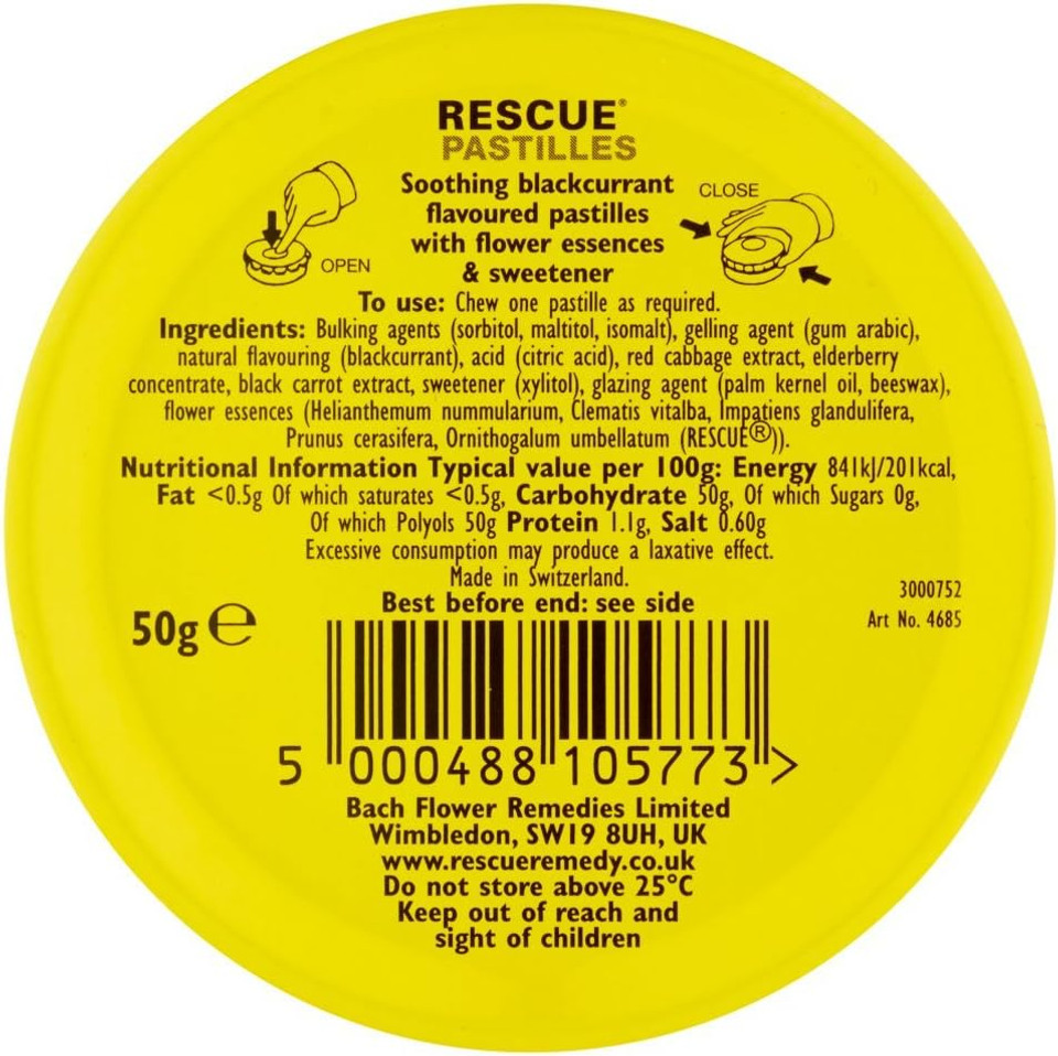 Rescue Remedy Blackcurrant Pastilles, Alcohol Free, Supports Emotional Wellbeing & Balance, Soothing, Travel Friendly, Tin, 1 X 50G Pack

Size: 50 G (Pack Of 1)