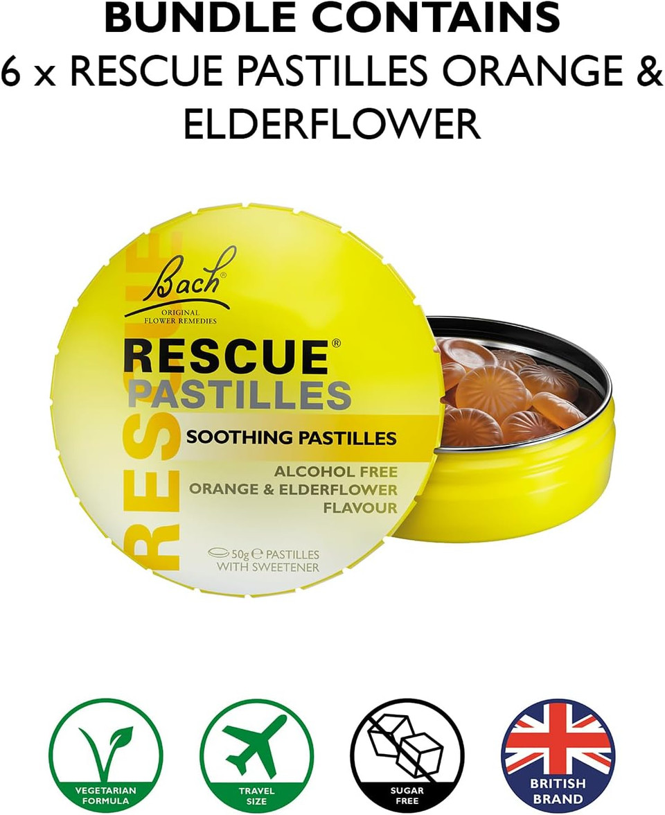 Rescue Remedy Pastilles 6 Pack Bundle, Orange And Elderflower, Emotional Wellness And Balance, Easy To Use Format, 6 X 50G Packs