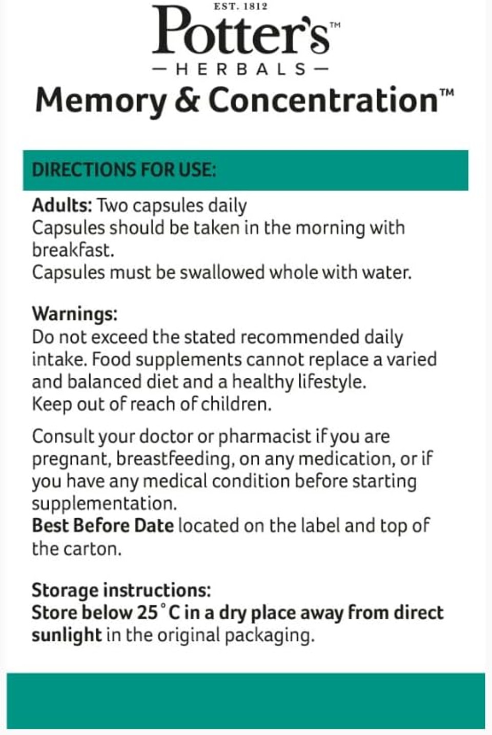 Potter'S Herbals Memory & Concentration | Contains Bacopa Monieri | 60 Easy-To-Swallow Capsules