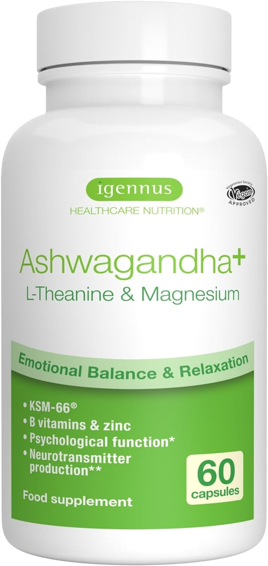 Ashwagandha Complex with L-Theanine & Magnesium, KSM-66 Root-only Extract, 5% Withanolides, Plus Zinc & B-Vitamins, Stress Support, Clean Label, Vegan, 30 Servings, by Igennus