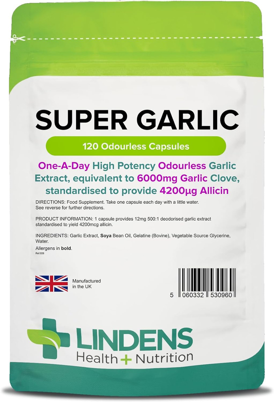Lindens Super Garlic 6000Mg High Strength Capsules | 120 Pack | High Potency Odourless Garlic Extract, Equivalent To 6000Mg Garlic Clove In Each One A Day Capsule, Standardised To Provide 4200_G Allicin
