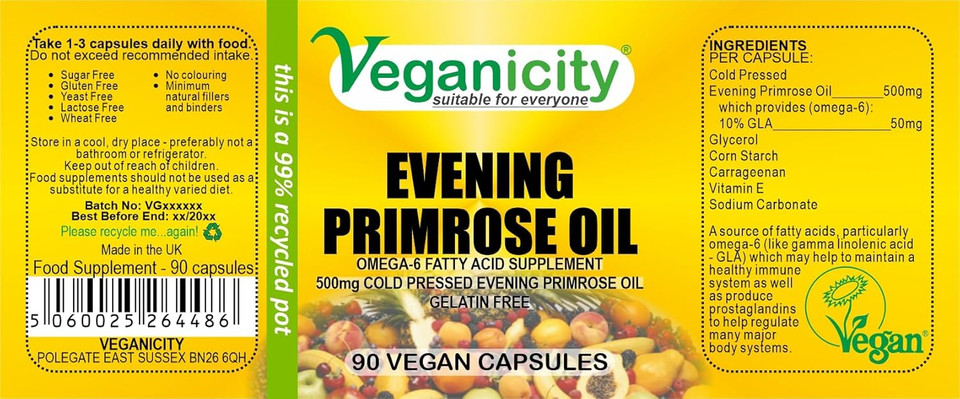 Veganicity Evening Primrose Oil 500mg (10% GLA) : Omega-6 Plant Supplement : 90 Vegan Capsules, in a Planet-Friendly 99% Recycled Pot Veganicity Evening Primrose Oil 500mg (10% GLA) : Omega-6 Plant Supplement : 90 Vegan Capsules, in a Planet-Friendly 99% Recycled Pot