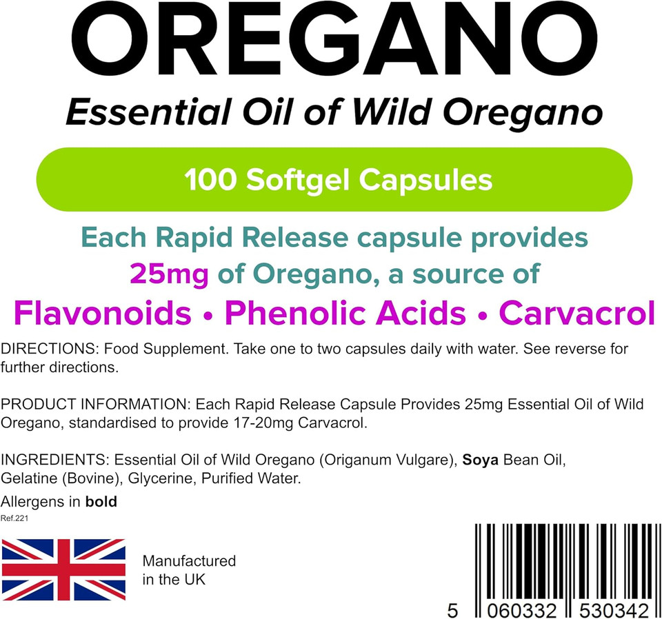 Lindens Oregano Oil 25mg - 100 Capsules - UK Made - Natural Source of Phenolic Acids and Flavonoids - Origanum Vulgare - Easy Swallow & Rapid Release - 3+ Months Supply - GMP & Letterbox Friendly