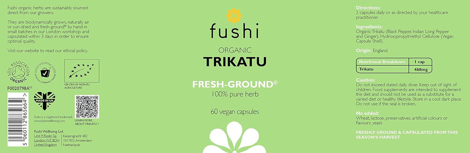 Fushi Organic Trikatu Capsules, 60 Caps | Fresh-Ground Whole Food | Boots Digestion, Improves Metabolism, Weight Loss & Nasal Problems | Ethical & Vegan | Made in the UK