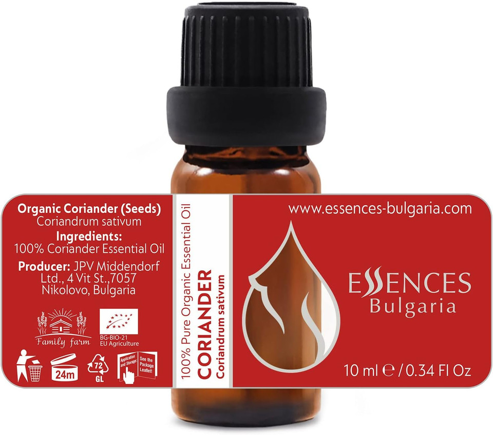 Essences Bulgaria Organic Coriander Essential Oil 10Ml | Coriandrum Sativum | 100% Pure And Natural | Undiluted | Therapeutic Grade | Family Owned Farm | Steam-Distilled | Non-Gmo | Vegan