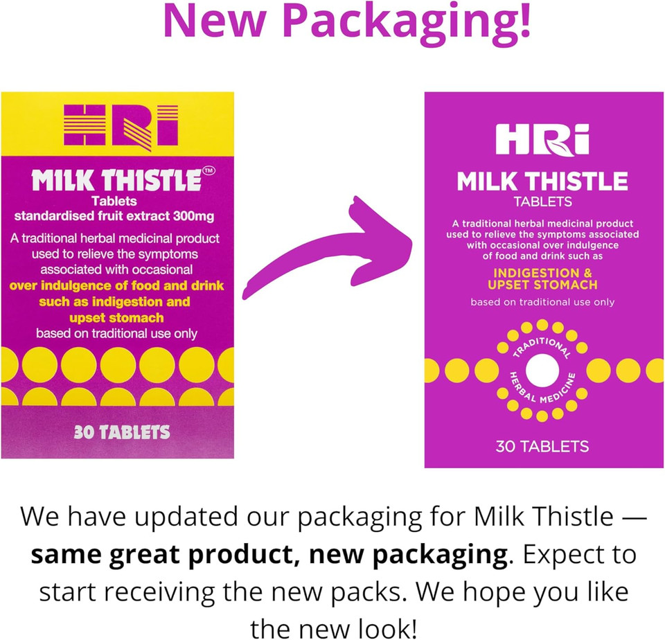 HRI Milk Thistle 30 Tablets - to Relieve Symptoms Associated with Over Indulgence of Food and Drink Such As Indigestion and Upset Stomach. 300 mg of Milk Thistle Extract. 1 Pack