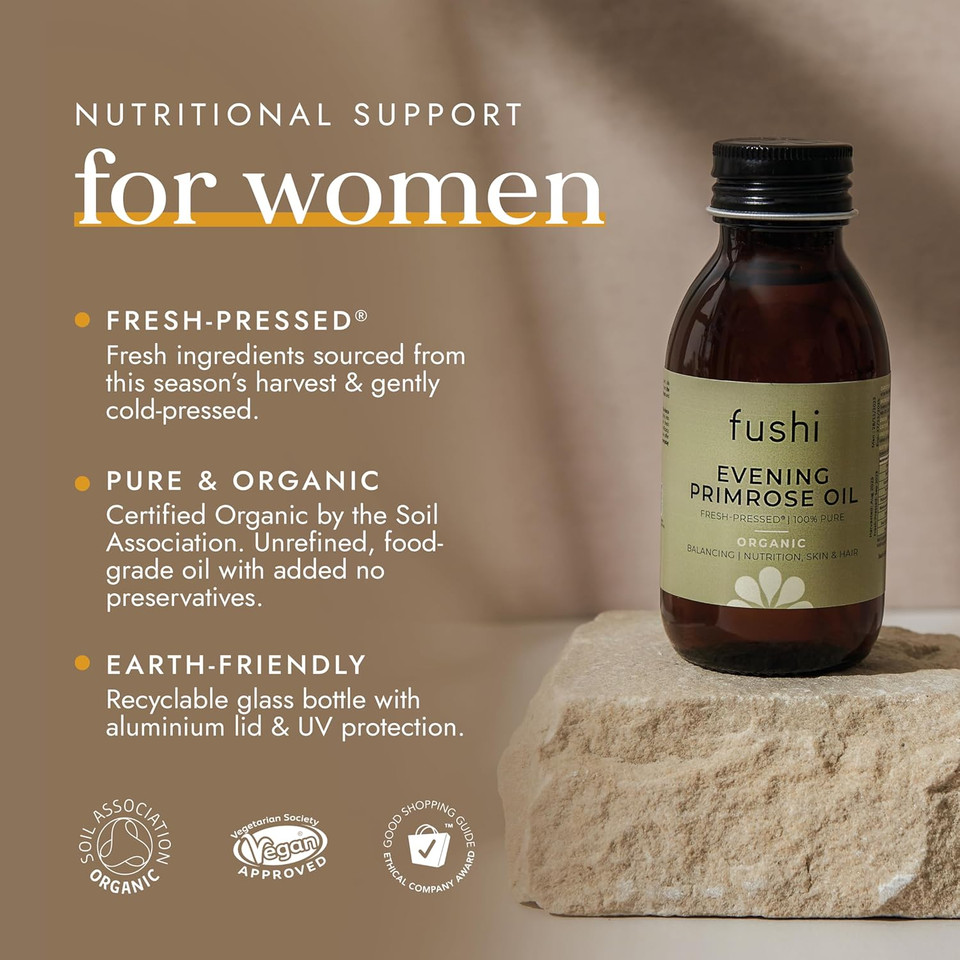 Fushi Organic Evening Primrose Oil 100 ml | Min 10% Gamma Linoleic Acid | Fresh-Pressed | Rich source of Omega 6 fatty acids | Best for Inner Health & Dry Skin | Manufactured in the UK