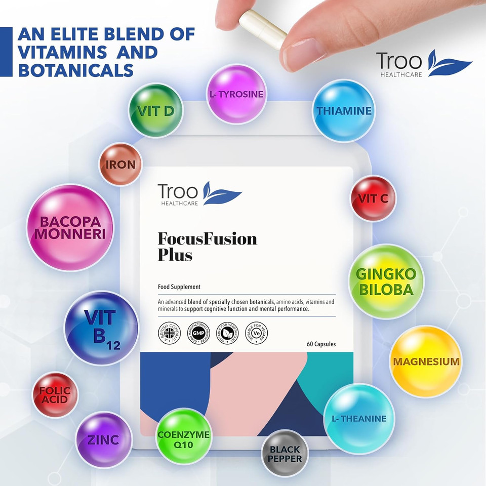 Focusfusion Plus 60 Capsules - Daily Cognitive Function Supplement To Support Concentration & Focus - Gingko Biloba, Bacopa Monnieri & Other Essential Brain Nutrients
