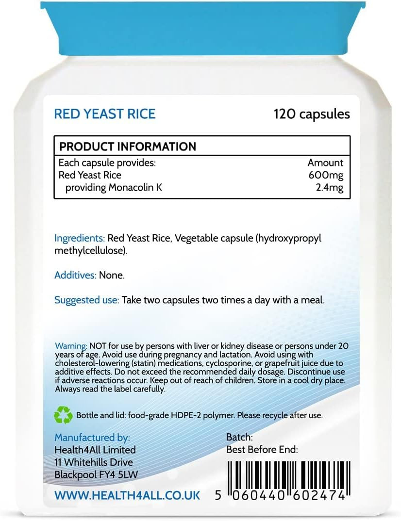 Health4All Red Yeast Rice 600Mg 120 Capsules. Cholesterol Lowering Supplement. Purest- No Additives. Vegan. Highest Safe Dosage 2400Mg A Day